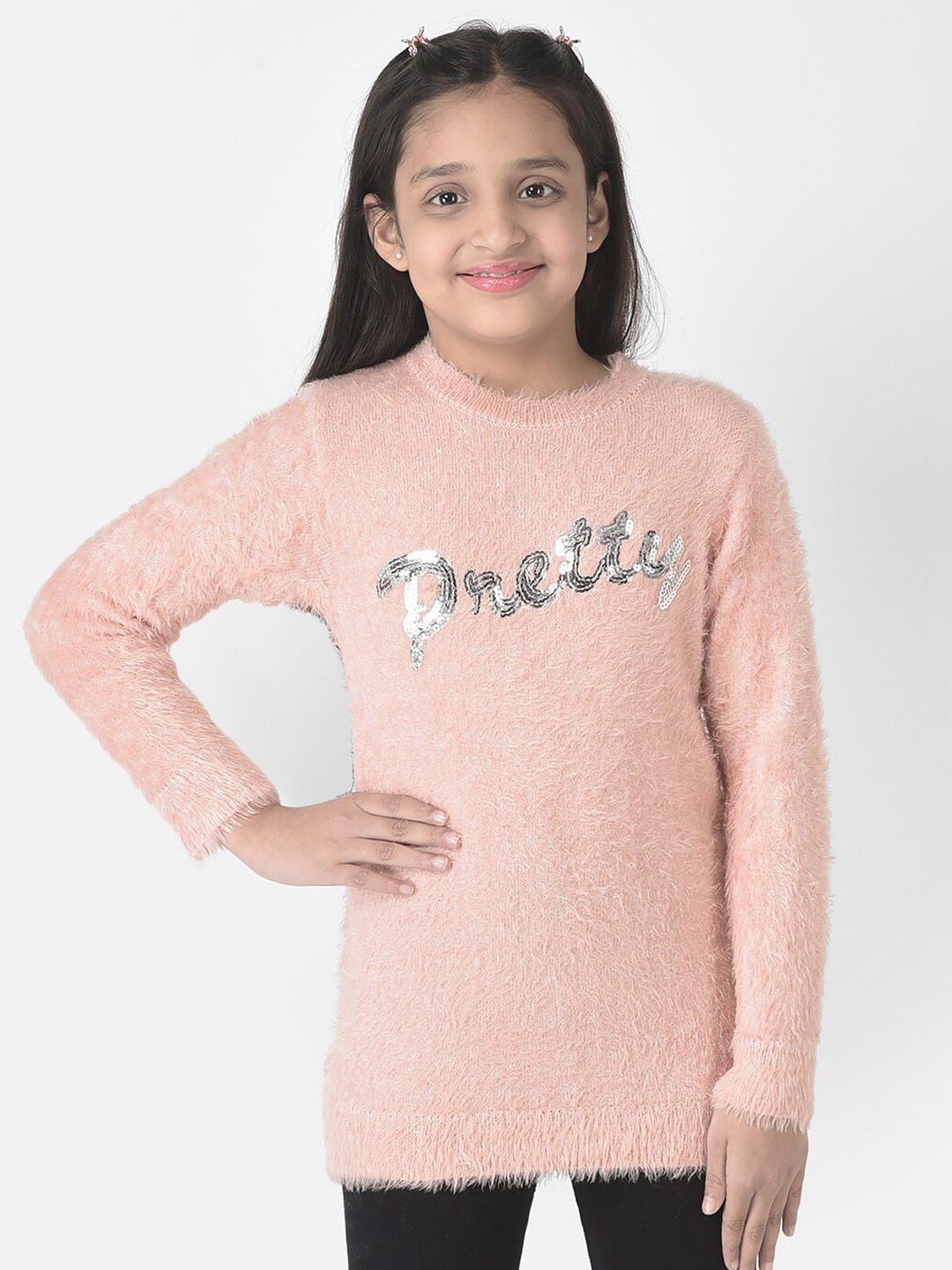 Crimsoune Club Girls Typography Longline Pullover with Fuzzy Detail Sweater
