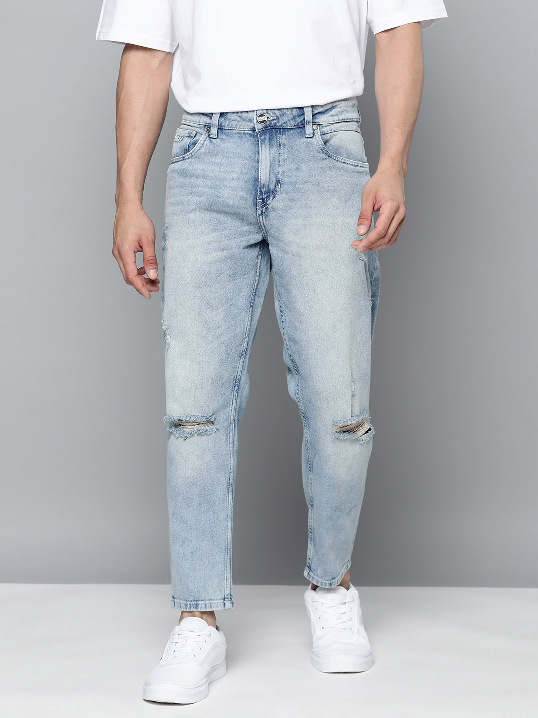 Mast & Harbour Men Carrot-Fit Slash Knee Light Fade Stretchable Jeans