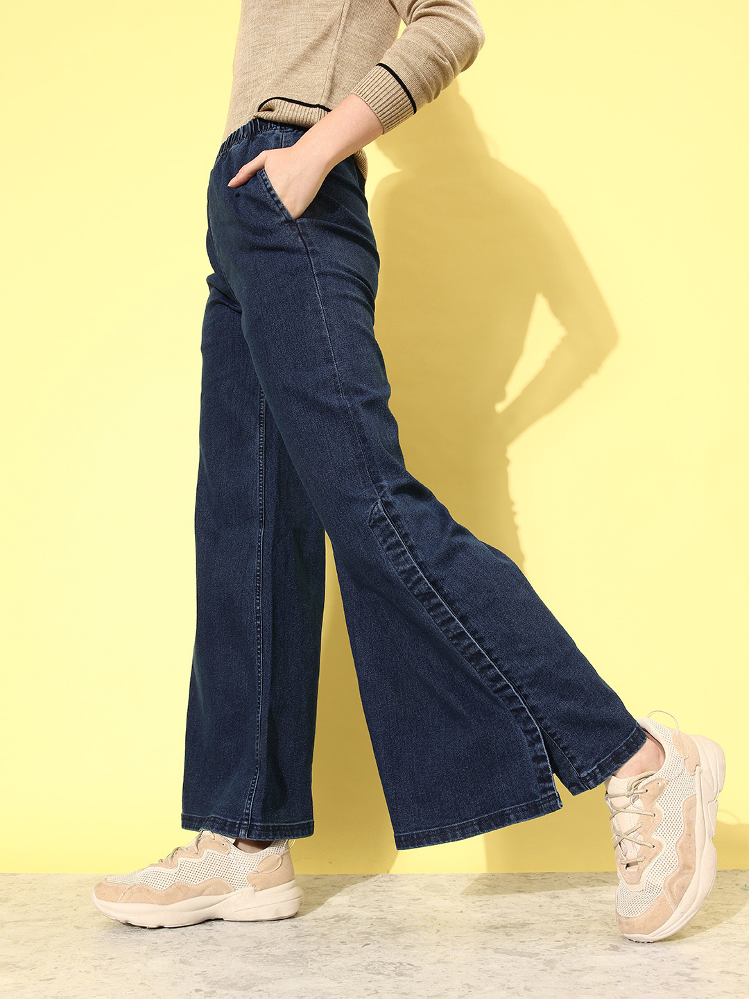 DressBerry Women Navy Blue We May Part Wide Leg Light Fade Stretchable Jeans