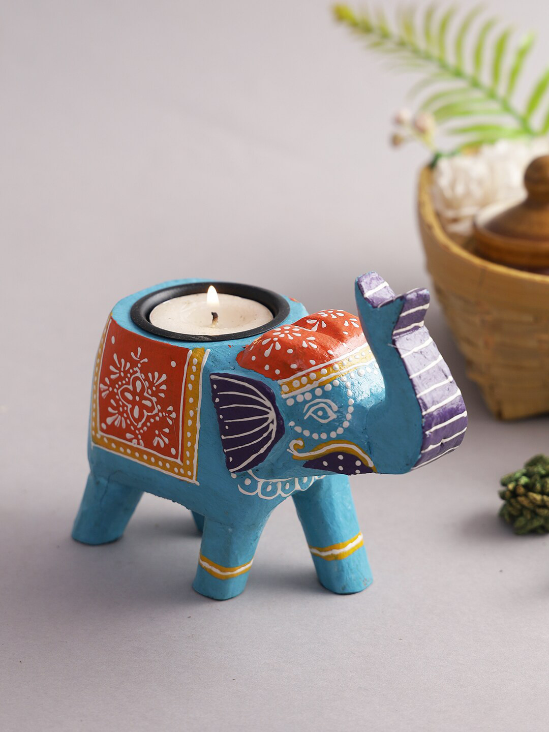 Aapno Rajasthan Blue & Red Printed Elephant Candle Holders