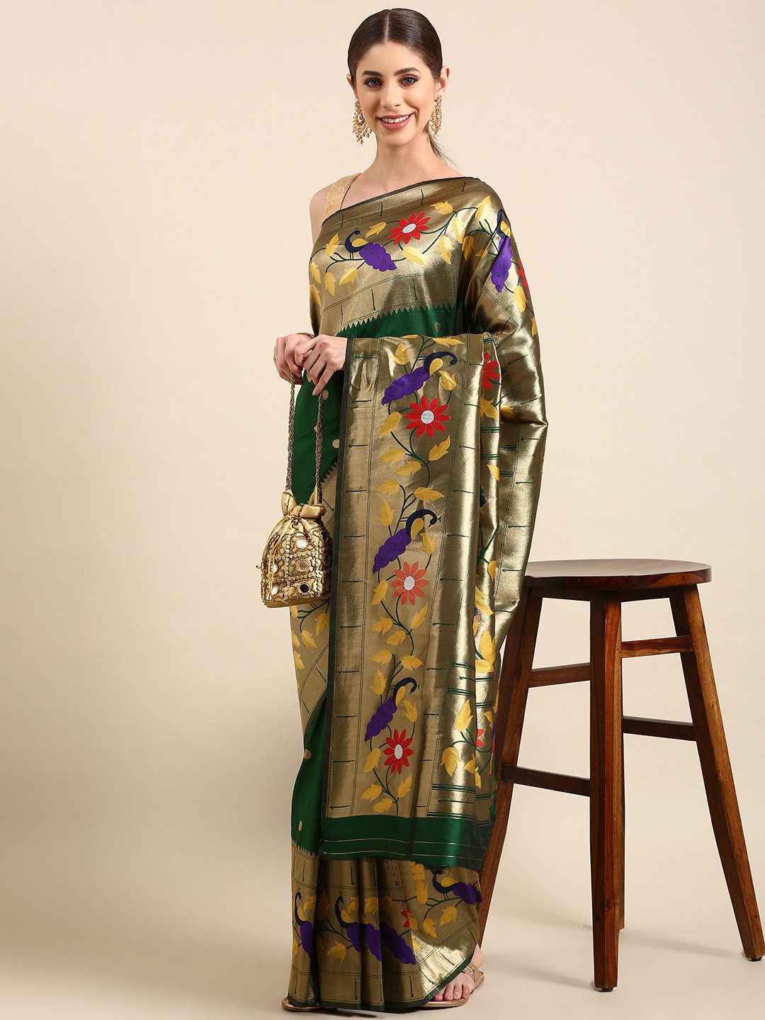 Mitera Woven Design Zari Silk Blend Paithani Saree