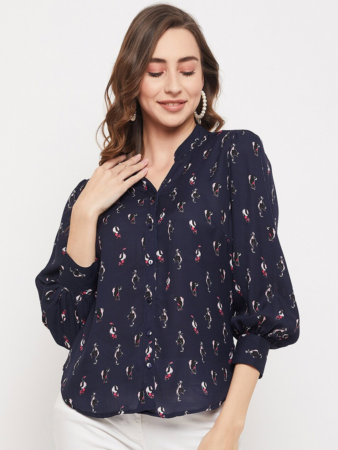 Ruhaans Women Navy Blue Animal Print Casual Shirt