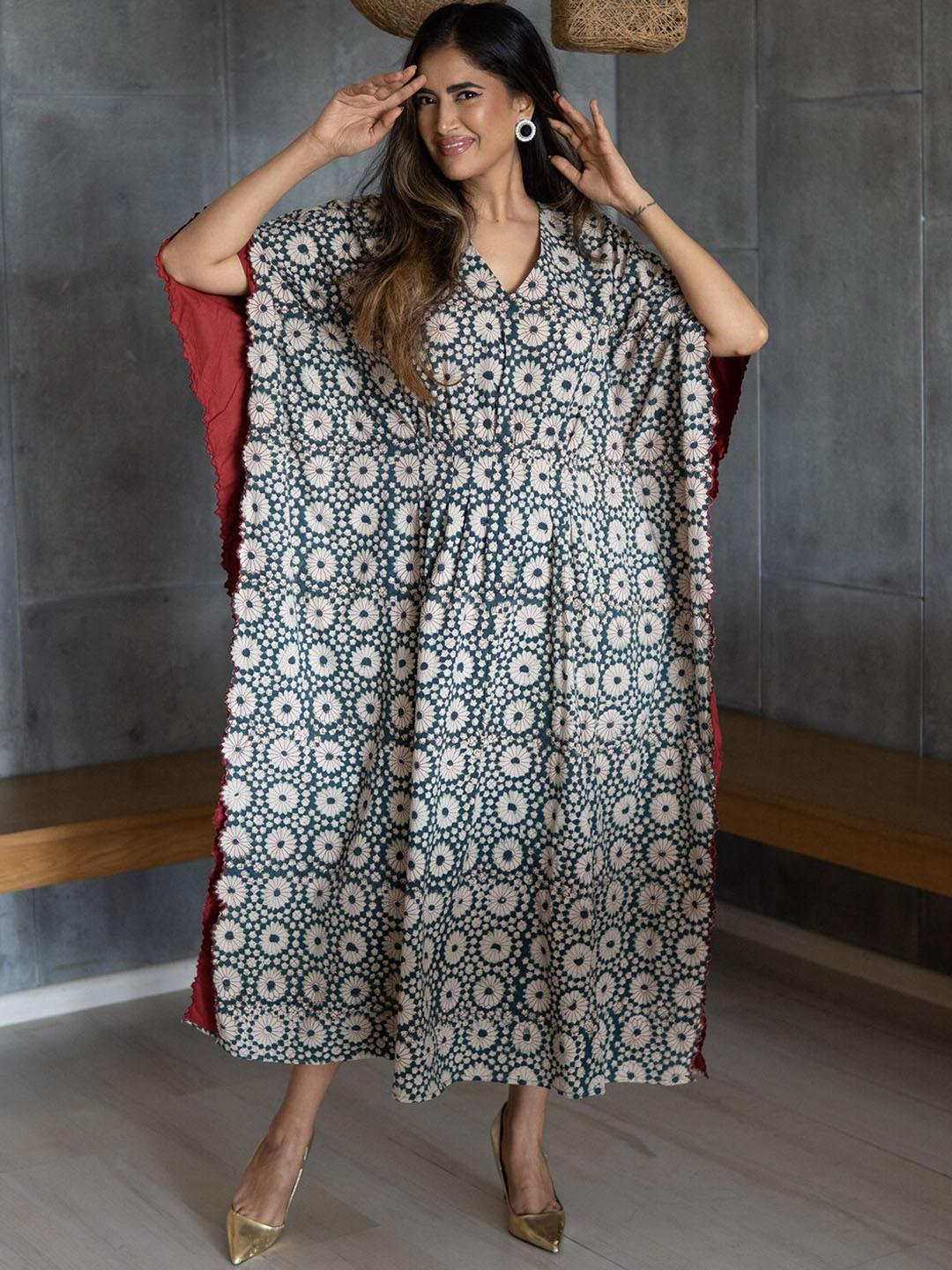 Ambraee Floral Kaftan Midi Cotton Dress