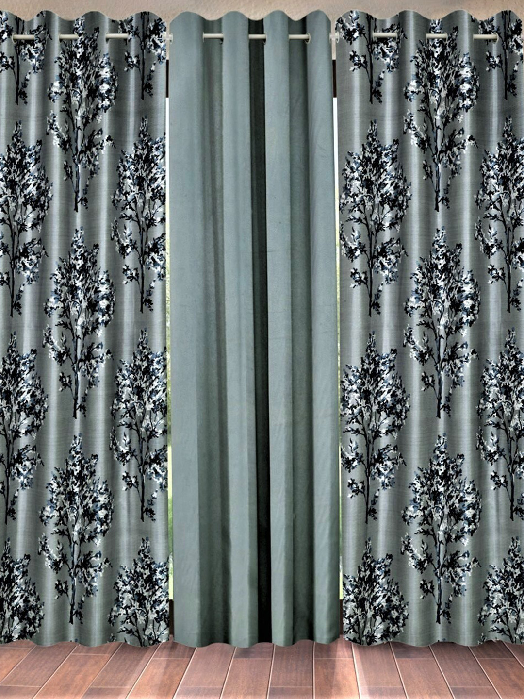 Fashion String Grey & Black Set of 3 Floral Window Curtain
