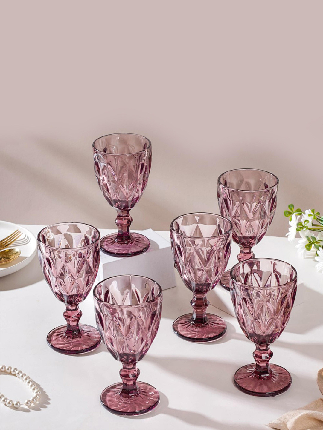 Nestasia Set Of 6 Mauve Textured Crystal Red Wine Glasses 300 ml