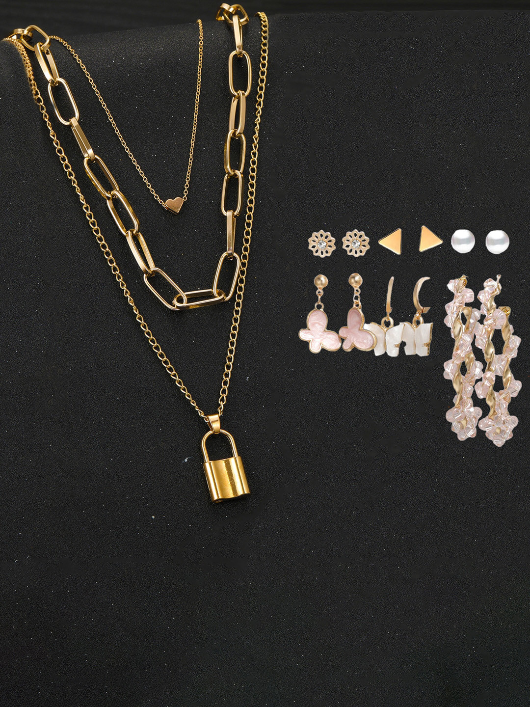 Jewels Galaxy Set Of 6 Gold Plated Layered Necklace & Contemporary Earrings Set