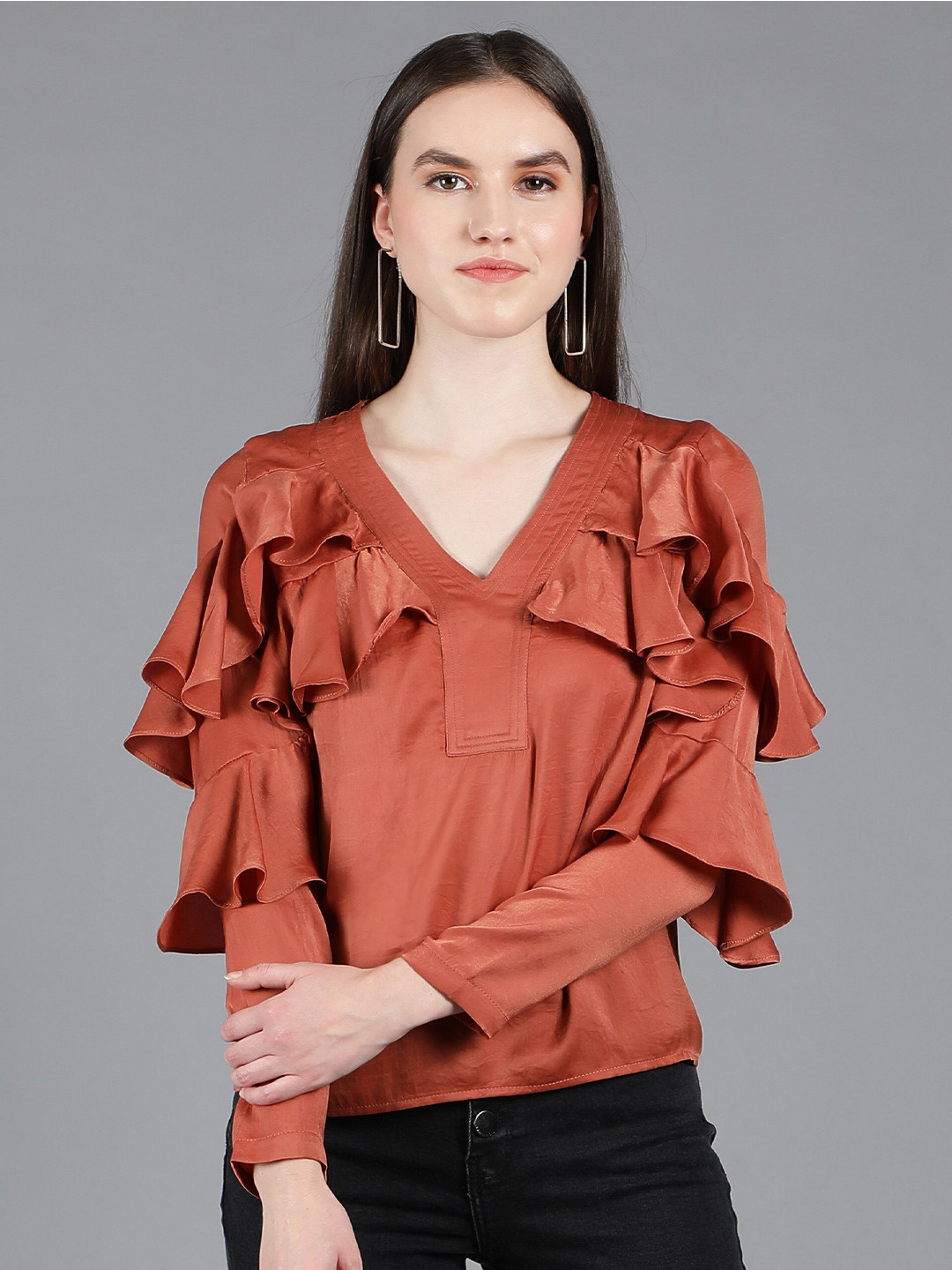 Amagyaa Rust Ruffles Crepe Wrap Top