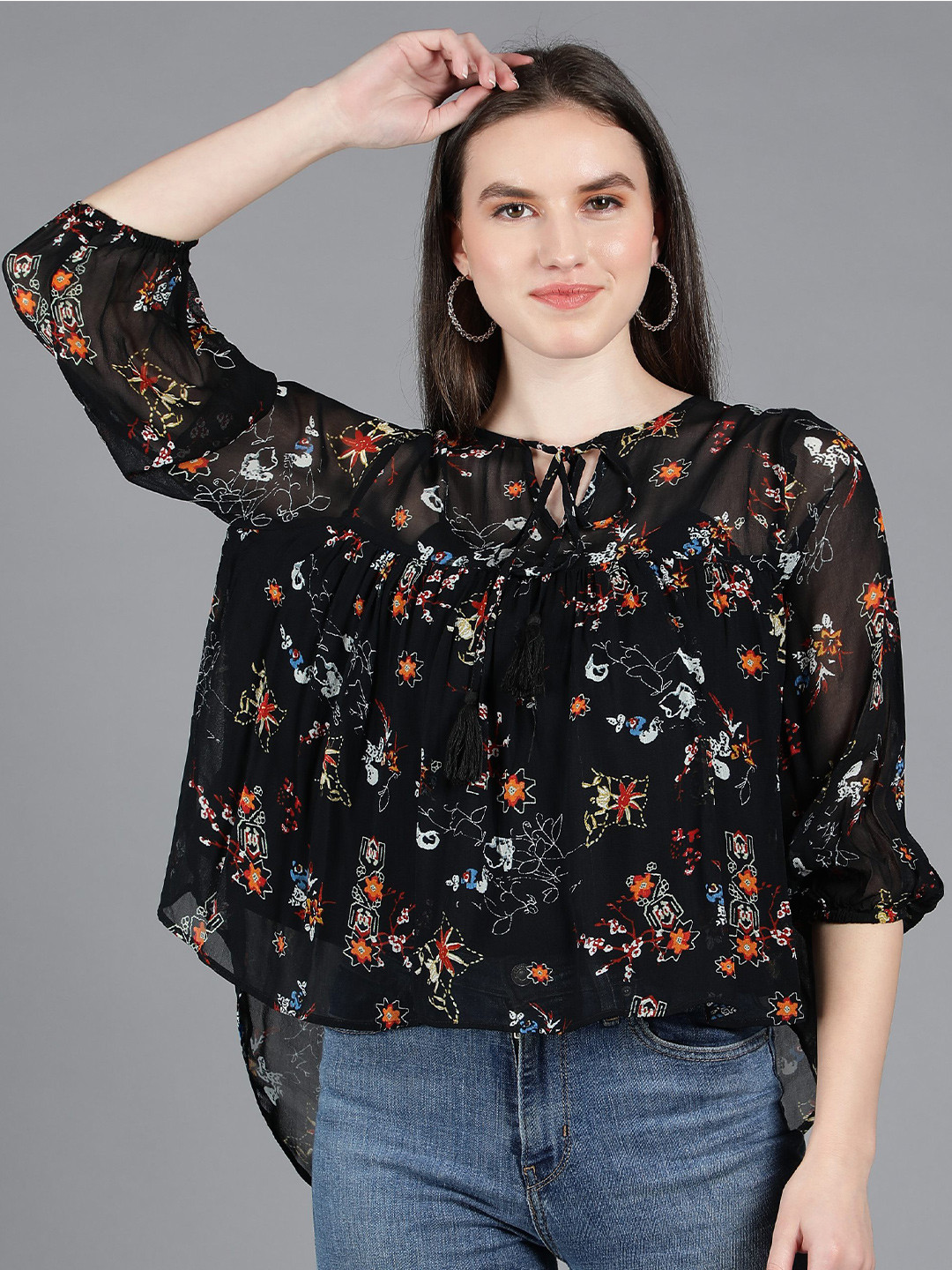 Amagyaa Black Floral Print Tie-Up Neck Ruffles Chiffon Top