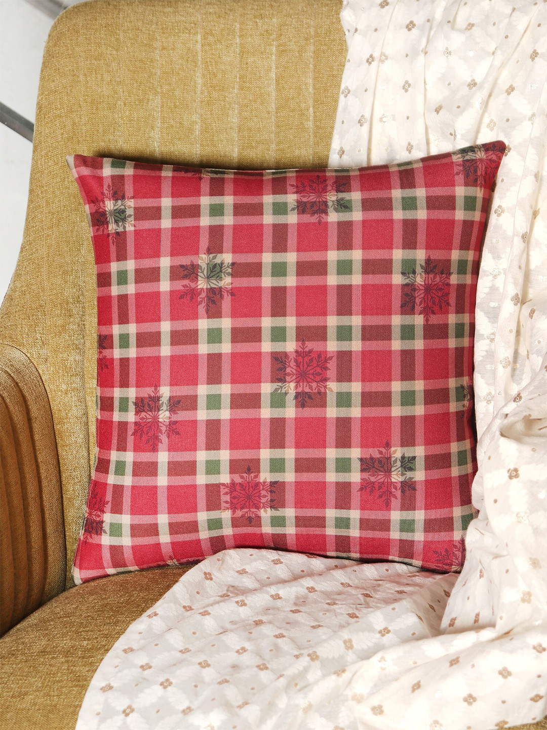 ZEBA Red Checked Polycanvas Lightweight Square Cushion Cover -16x16In