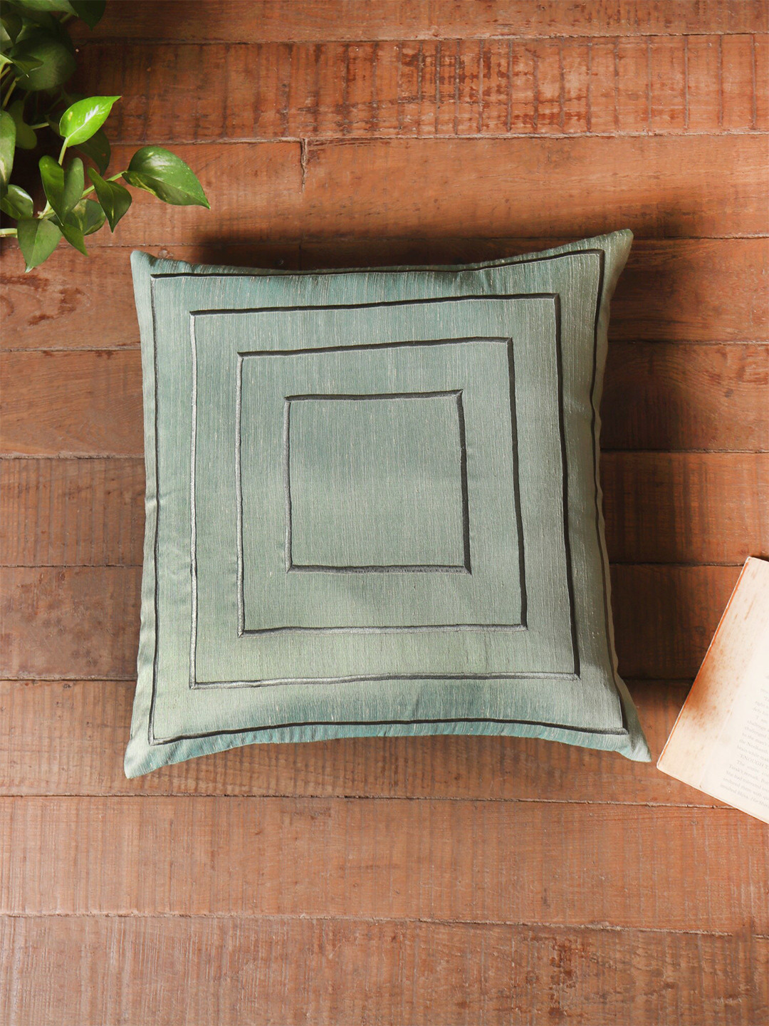 ZEBA Sea Green Geometric Cotton Breathable Embroidered Square Cushion Cover - 16x16In