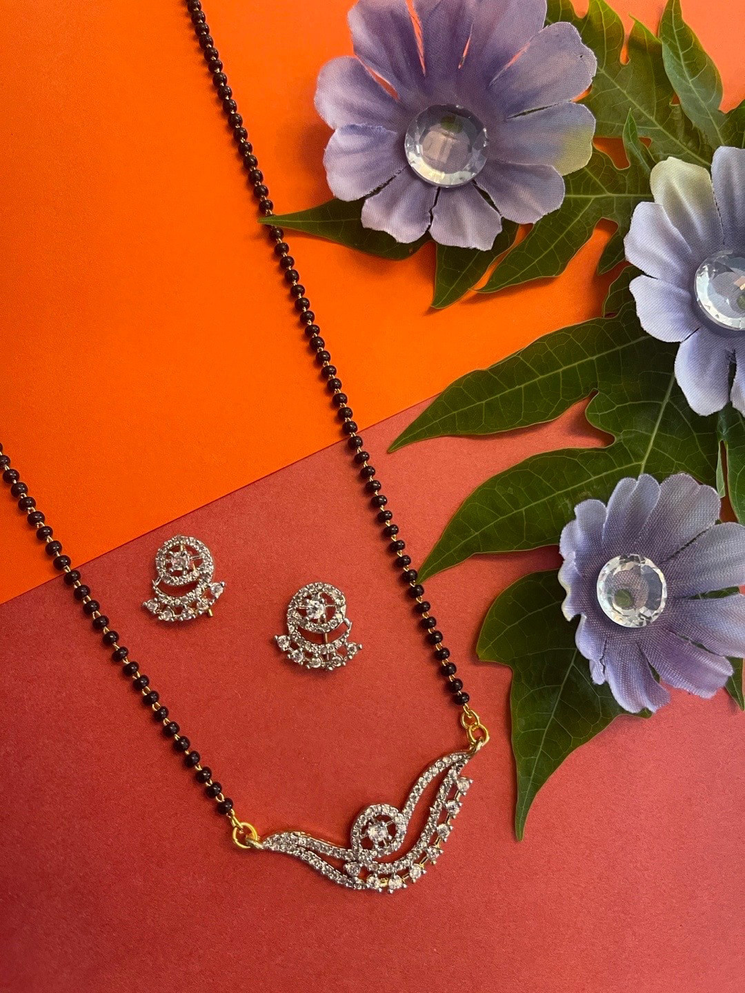 Digital Dress Room Gold-Plated 2 Line Black Beads Mangalsutra With Earrings Set