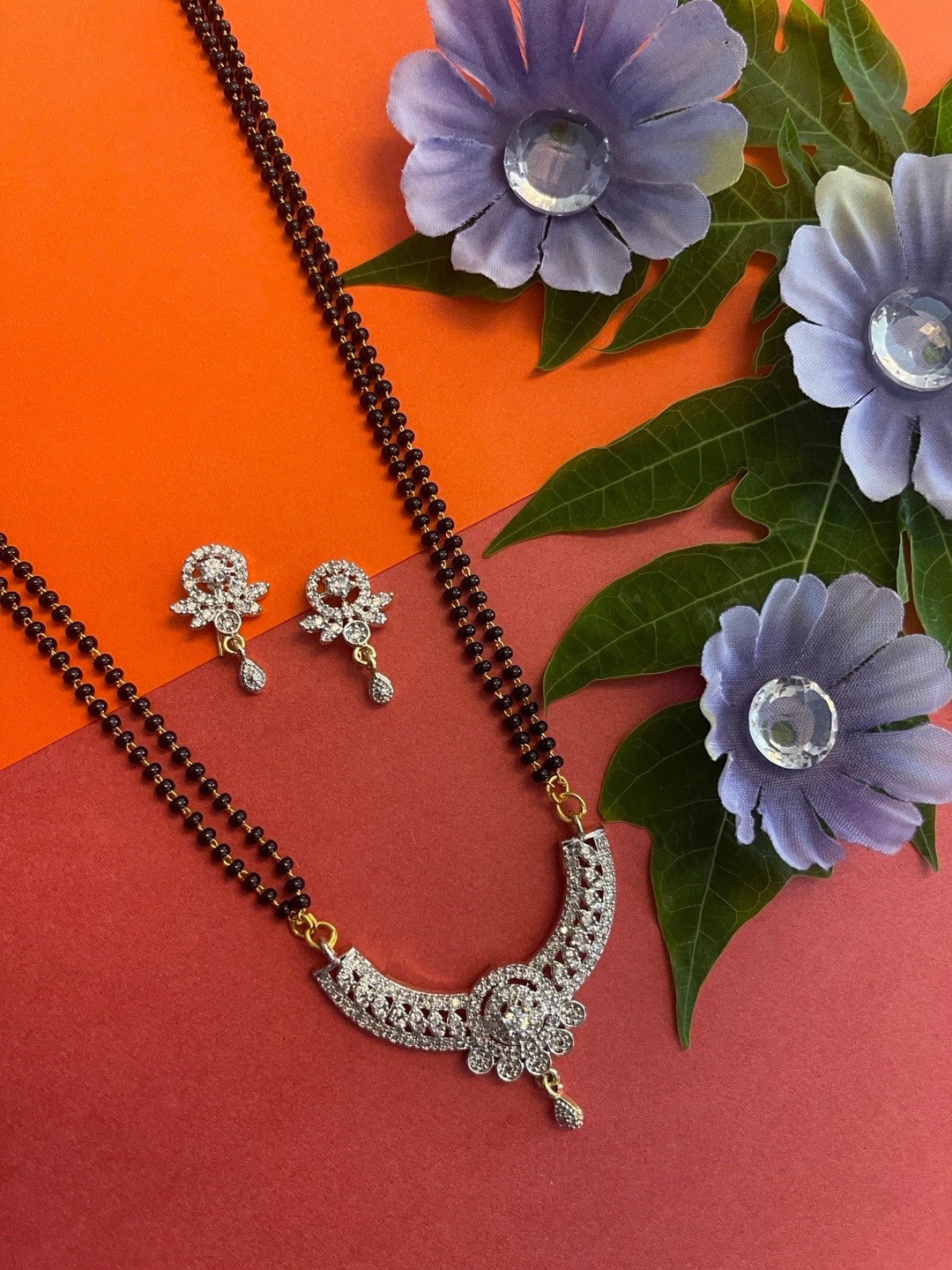 Digital Dress Room Gold-Plated 2 Line Black Beads Mangalsutra With Earrings