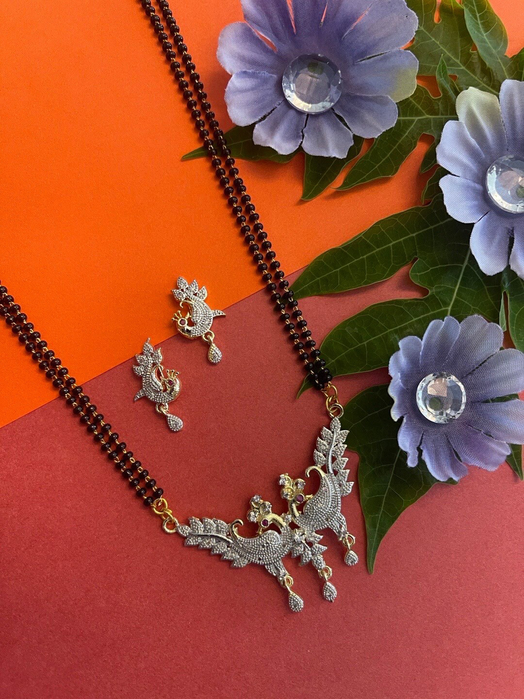 Digital Dress Room AD Studded Peacock Pendant Beaded Chain Mangalsutra With Earrings