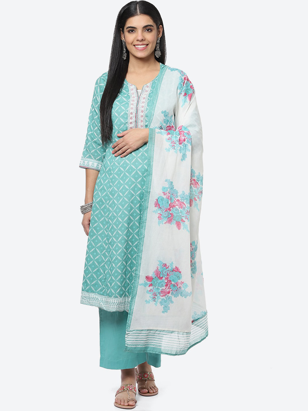 Biba Women Turquoise Ethnic Motifs Printed Kurta with Palazzos & With Dupatta