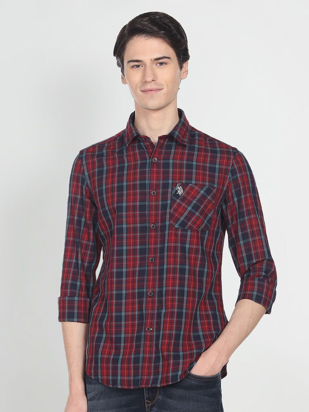 U.S. Polo Assn. Denim Co. Men Checked Casual Cotton Slim Fit Shirt