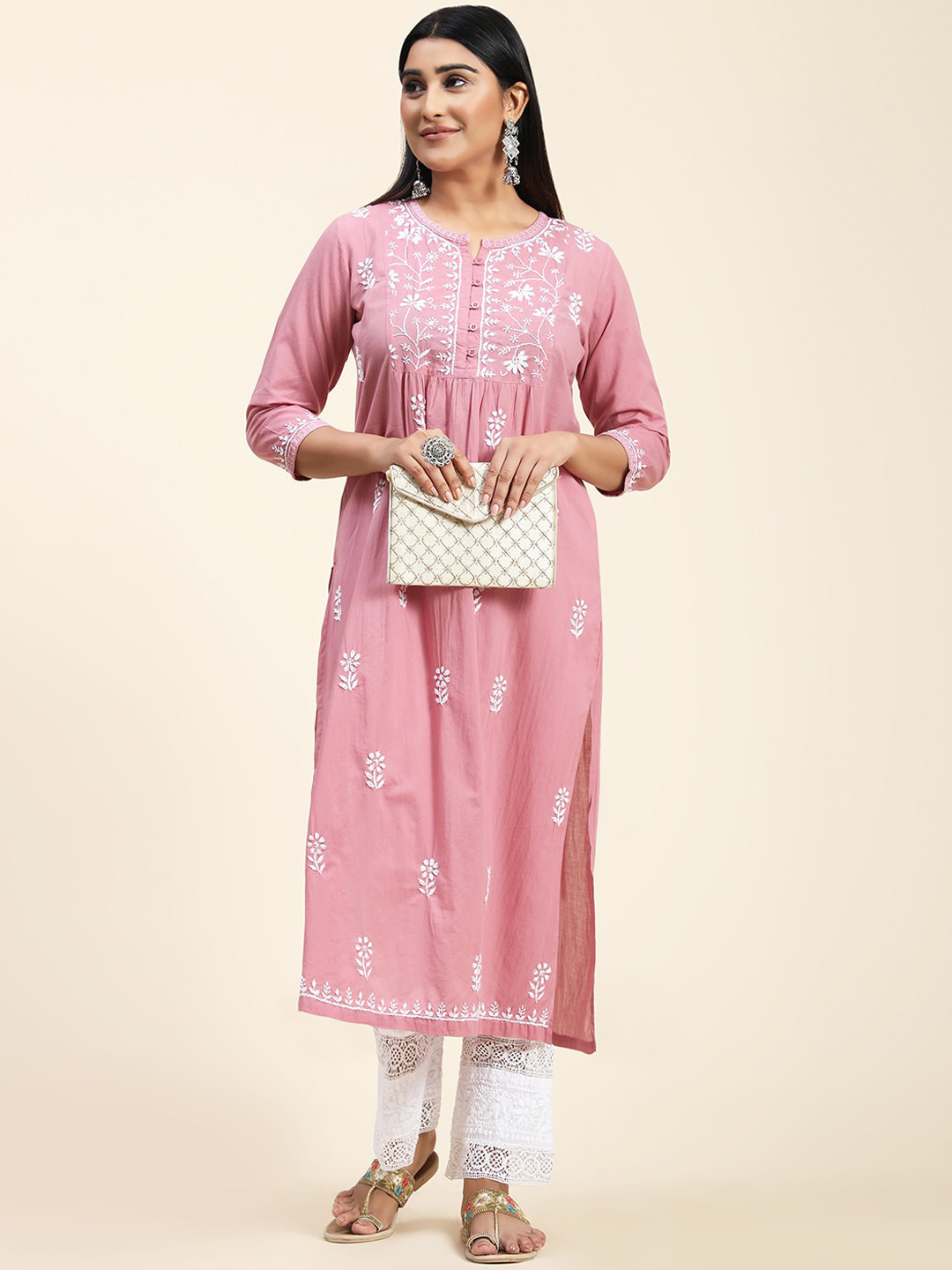 HOUSE OF KARI Floral Embroidered Chikankari Cotton Kurta