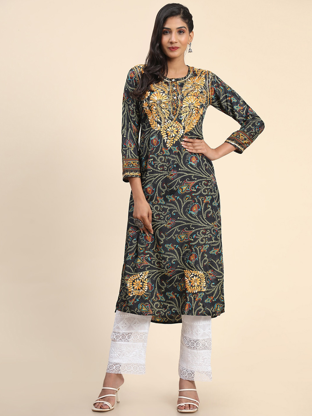 HOUSE OF KARI Women Ethnic Motifs Printed Thread Work Indie Prints Cotton Kurta