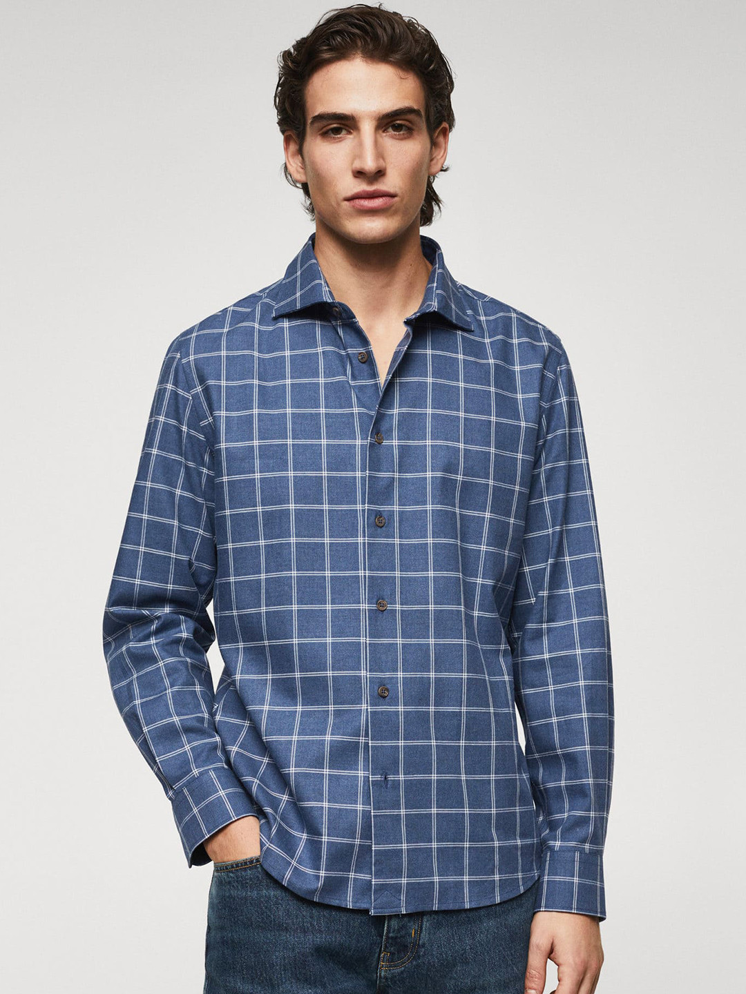 MANGO MAN Sustainable Cotton Windowpane Checks Regular Fit Casual Shirt