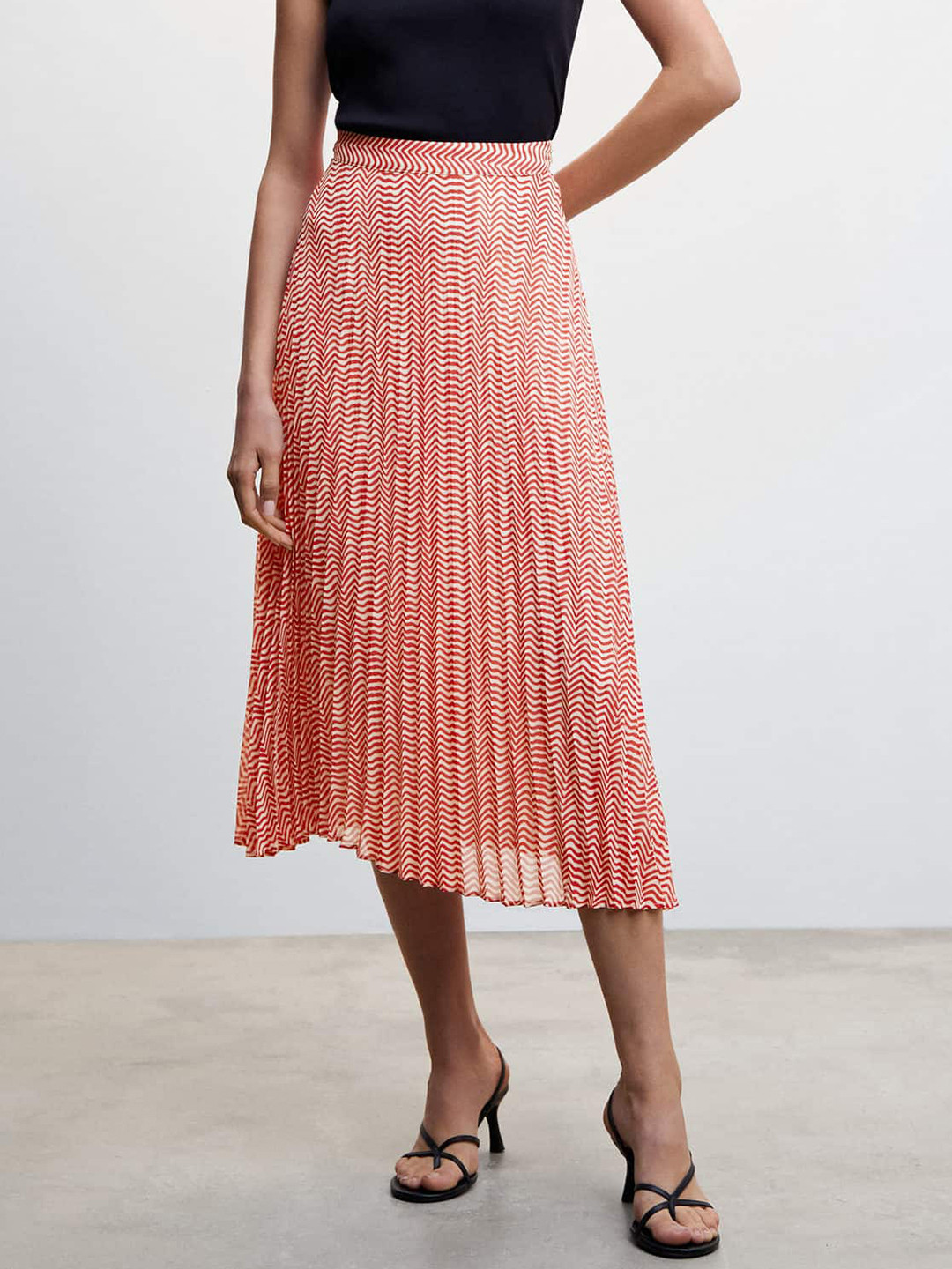 MANGO Striped Accordion Pleated Sustainable A-Line Midi Skirt
