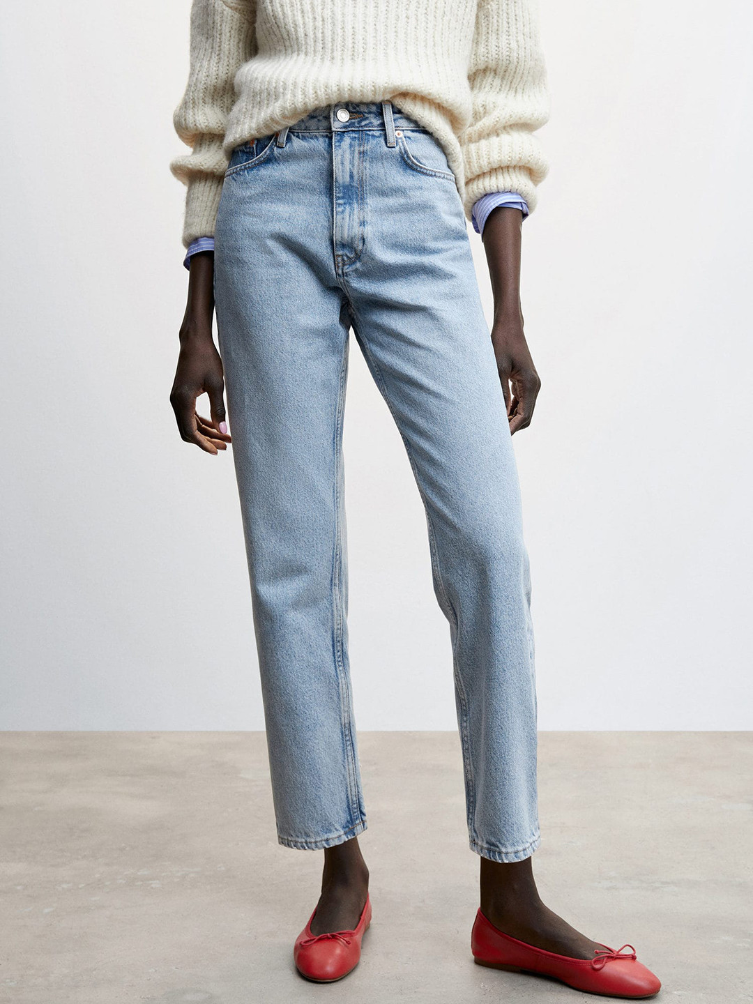 MANGO Women Mom Fit High-Rise Light Fade Cropped Sustainable Jeans