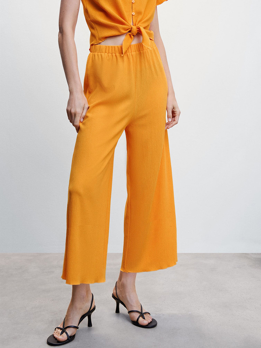 MANGO Women Textured Parallel Flared Trousers