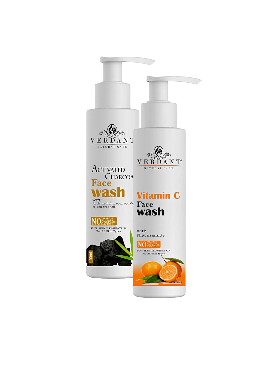 Verdant Natural Care Set of Activated Charcoal & Vitamin C Face Wash - 100 ml each