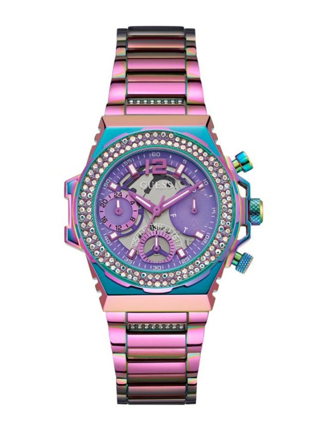 GUESS Women Printed Dial & Pink Stainless Steel Bracelet Style Straps Analogue Watch