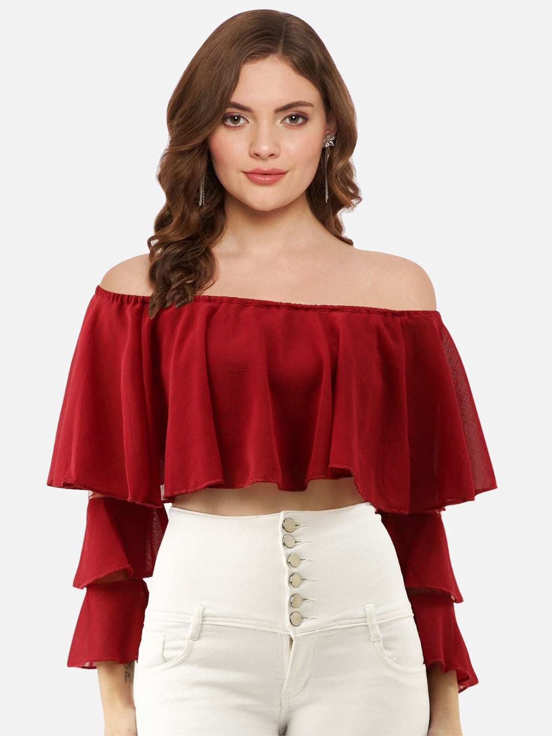 Martini Off-Shoulder Ruffles Chiffon Bardot Crop Top