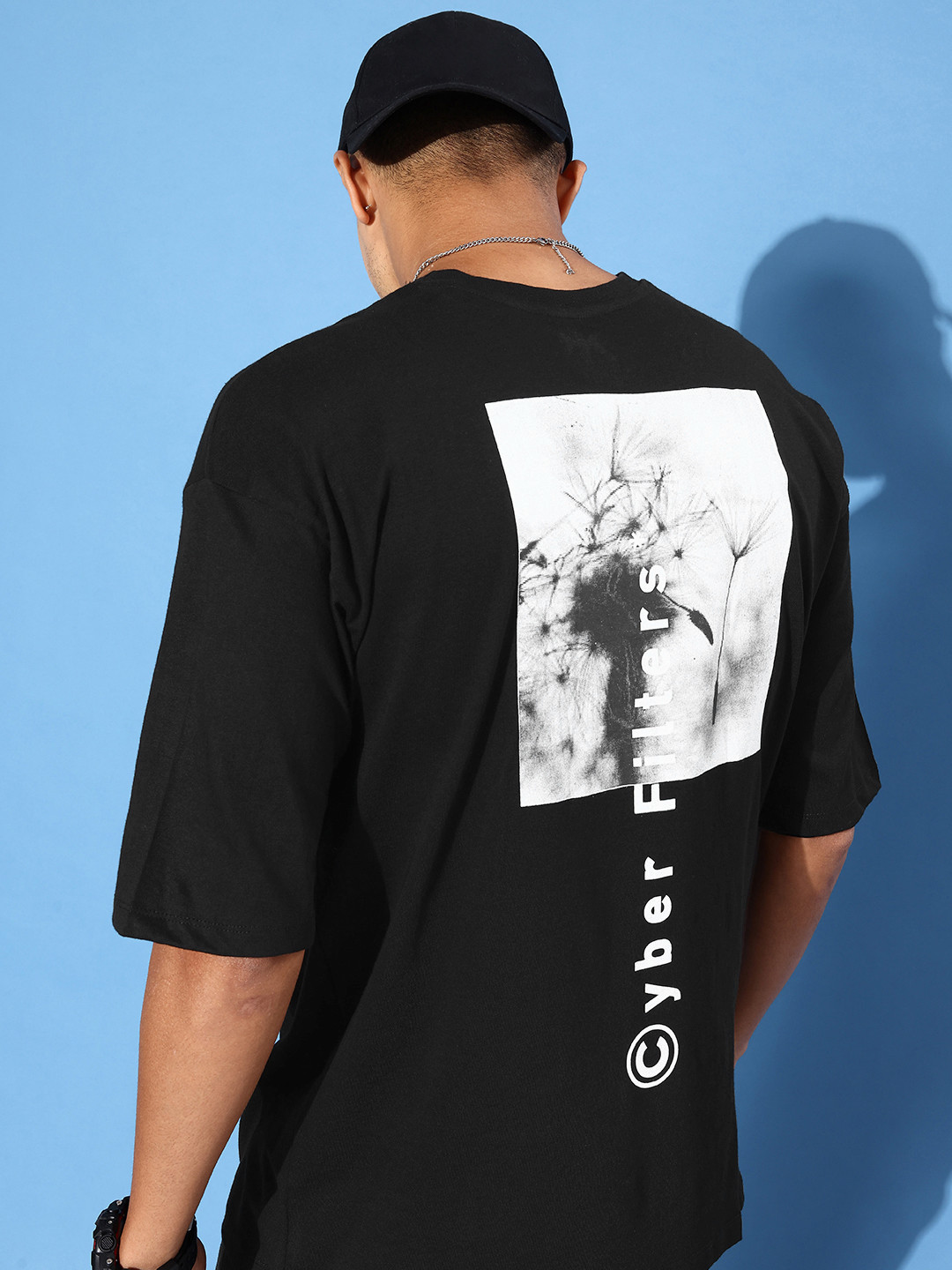 Kook N Keech Black Flower Power Printed Drop-Shoulder Sleeves Oversized Cotton T-shirt