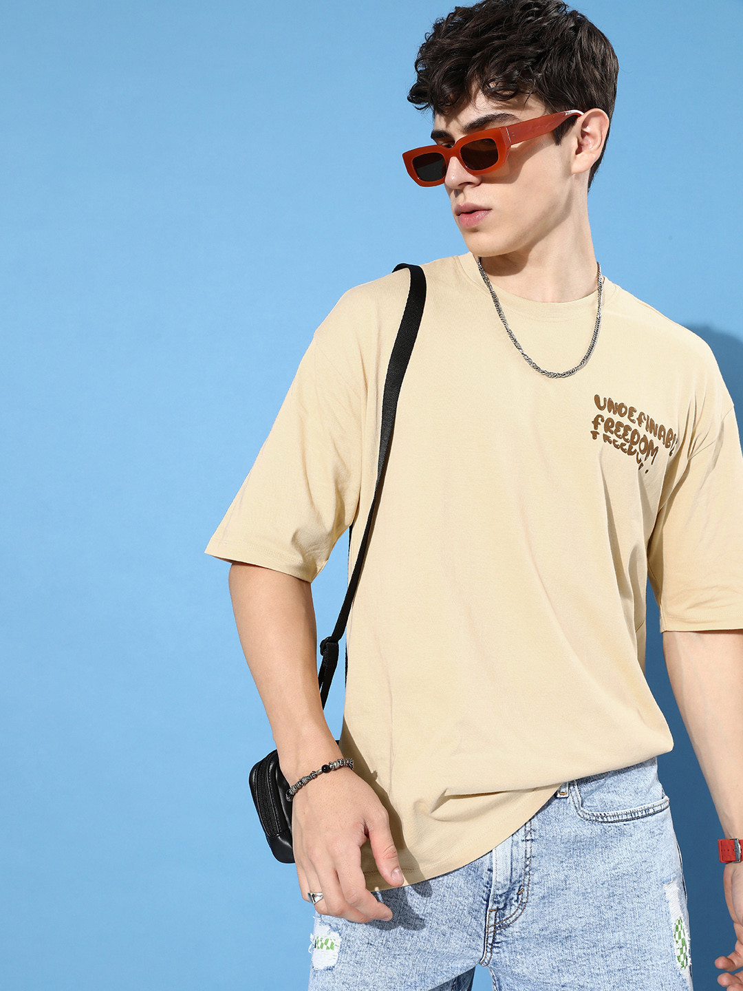 Kook N Keech Earthy Beige Hyper Hypo Drop-Shoulder Sleeves  Cotton Oversized T-shirt