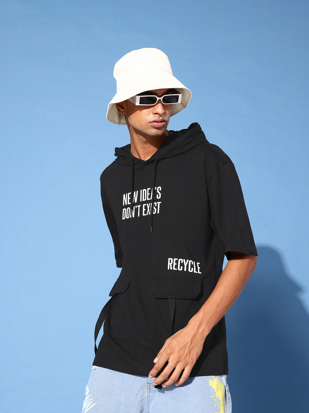 Kook N Keech Jet Black Hyper Hypo Printed Hooded Pure Cotton Pockets T-shirt