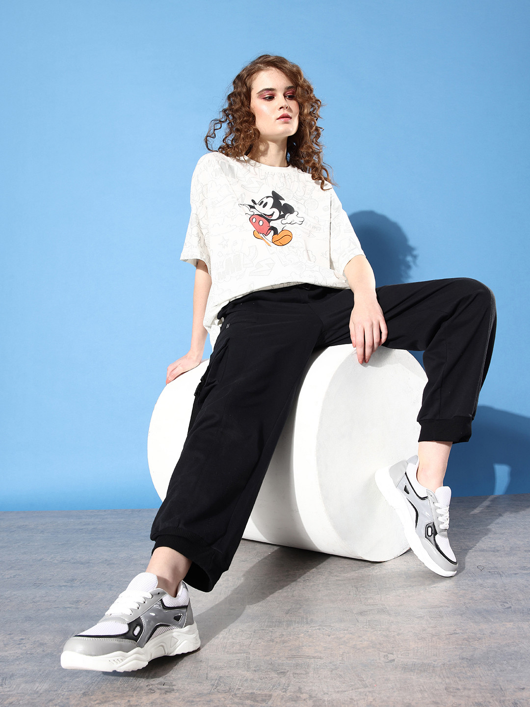 Kook N Keech Disney Women Off White  Cotton 90's Hollaback Poster Graphics Oversized T-shirt