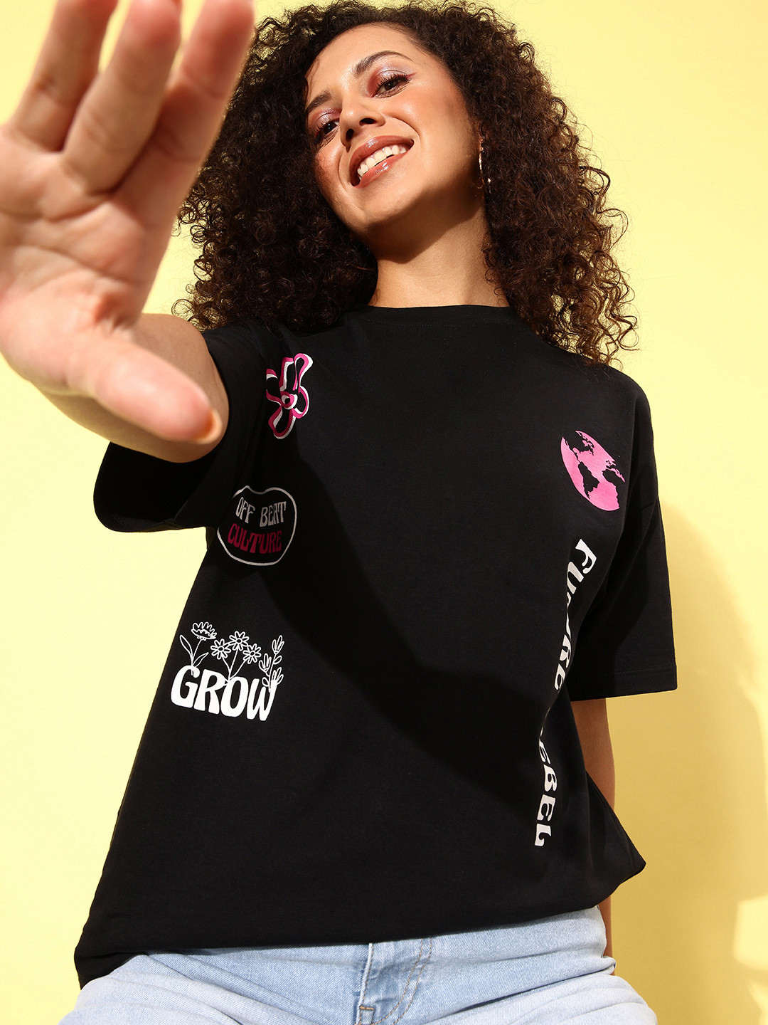 Kook N Keech Jet Black Graphic High Drop-Shoulder Sleeves  Cotton Relaxed Fit T-shirt