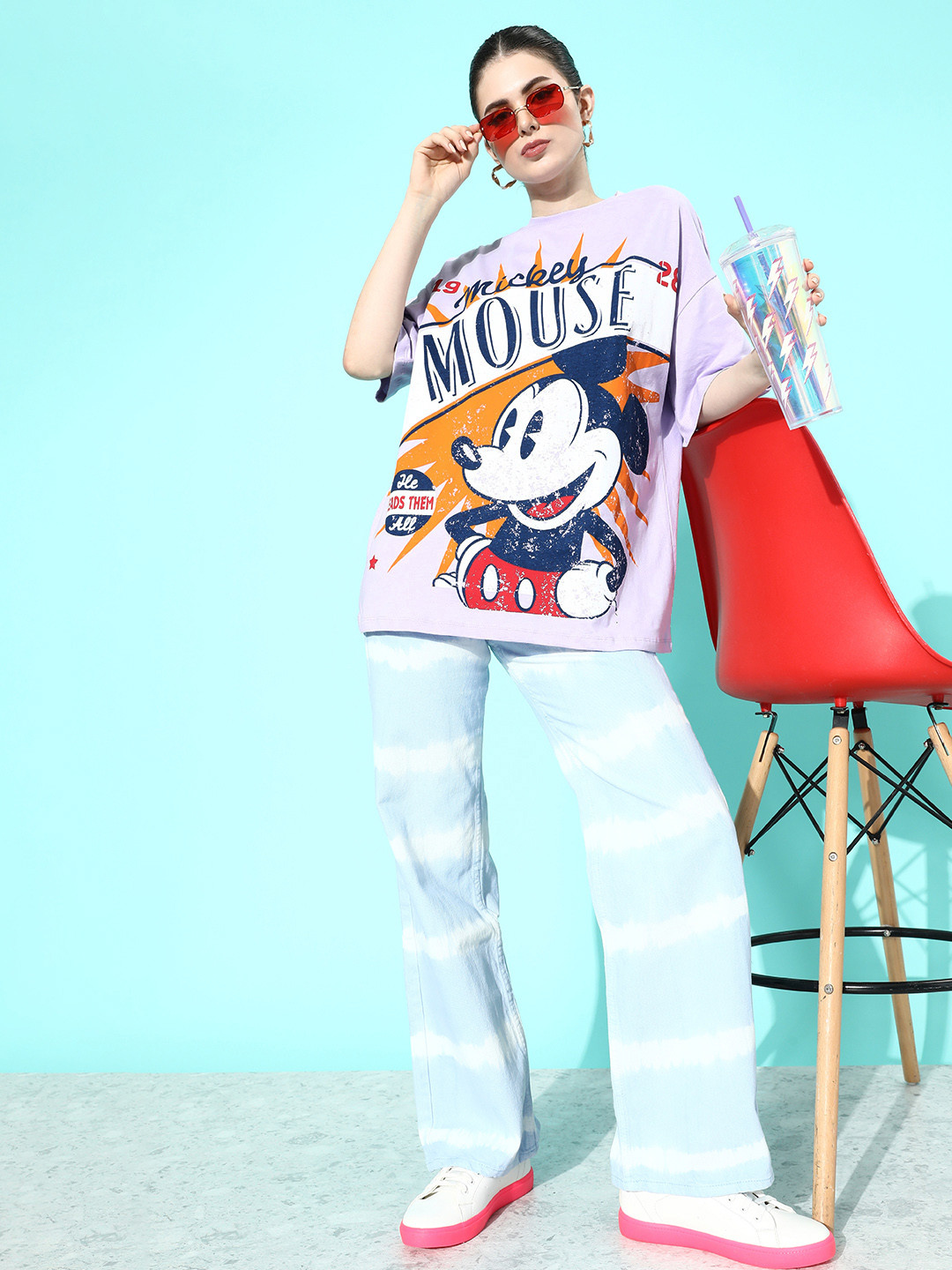 Kook N Keech Disney Women Lilac Lavender Mickey Mouse  Cotton Poster Graphics Oversized T-shirt