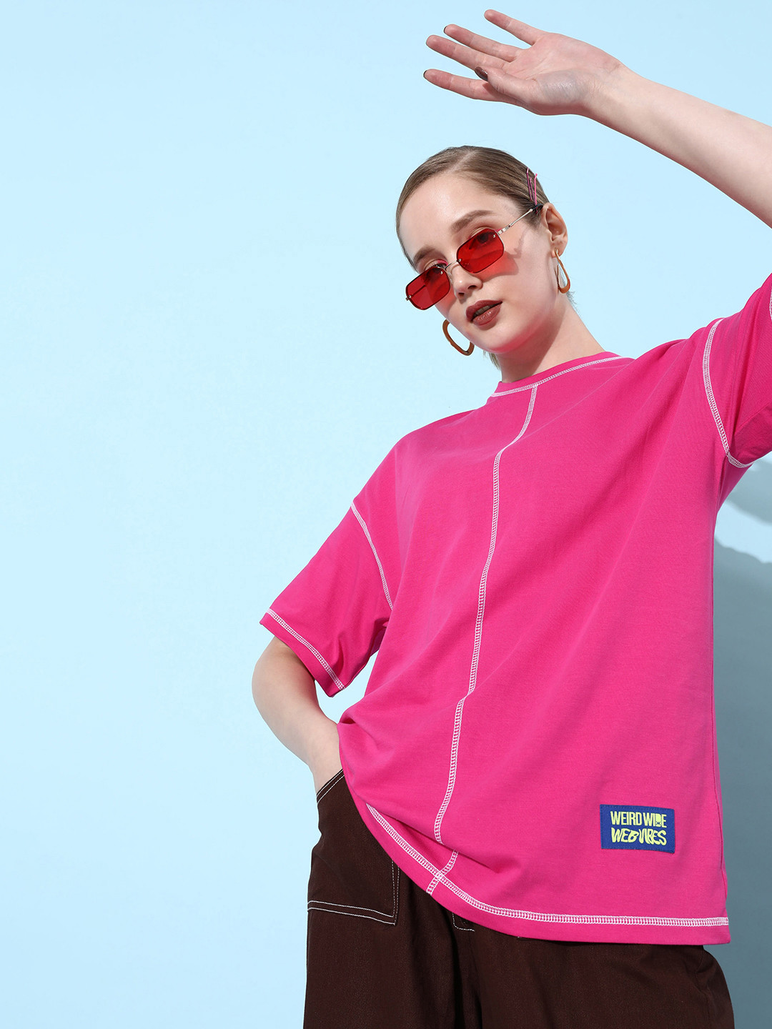 Kook N Keech Women Hot Pink  Cotton Vacay Chill Graphic High Oversized T-shirt