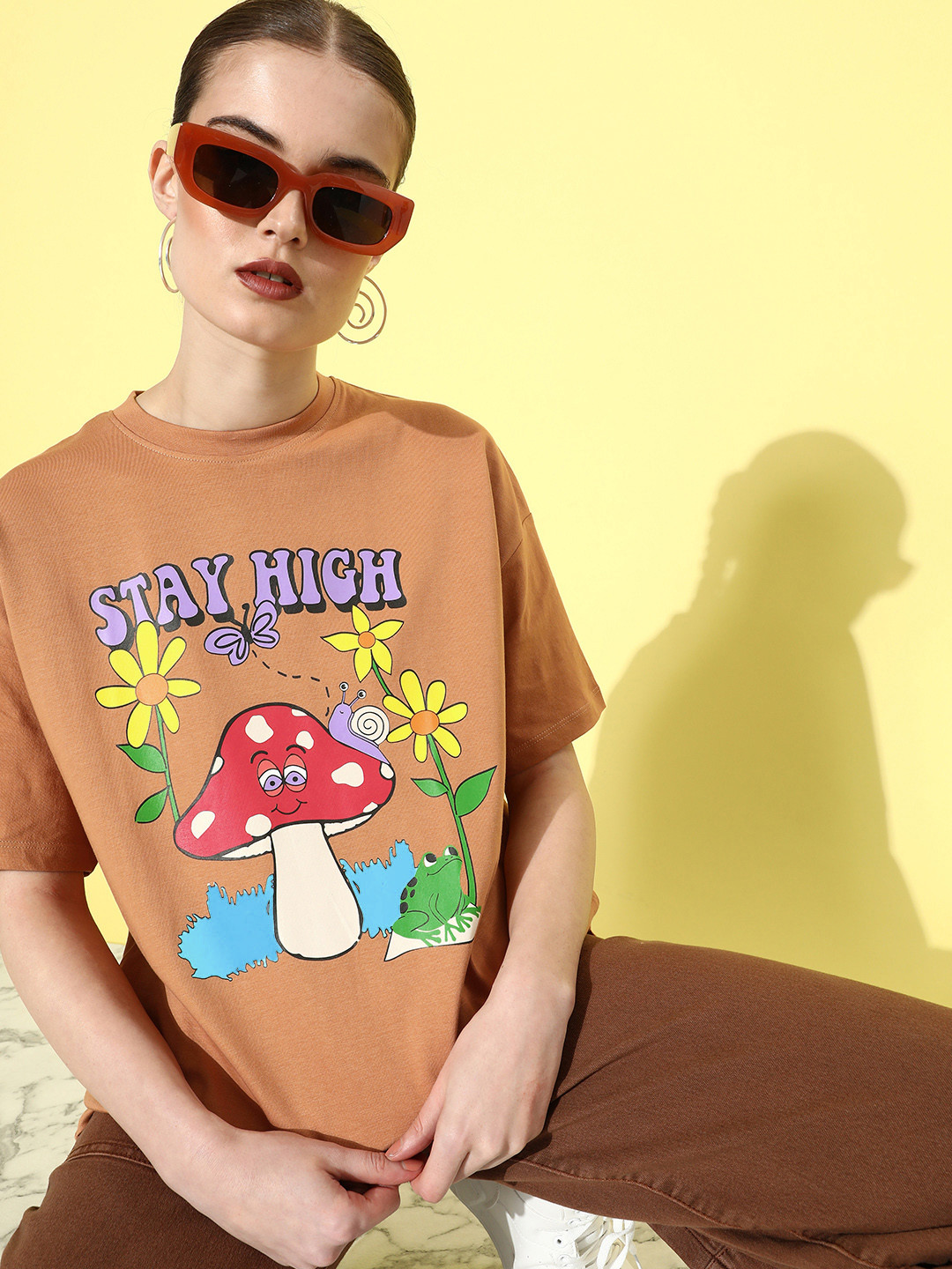 Kook N Keech Camel Brown Poster Graphics Printed Oversized Cotton T-shirt