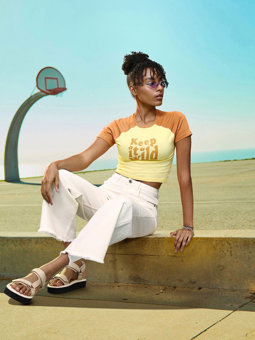 Kook N Keech Bright Yellow Vacay Chill Graphic High Raglan Sleeves Cotton T-shirt