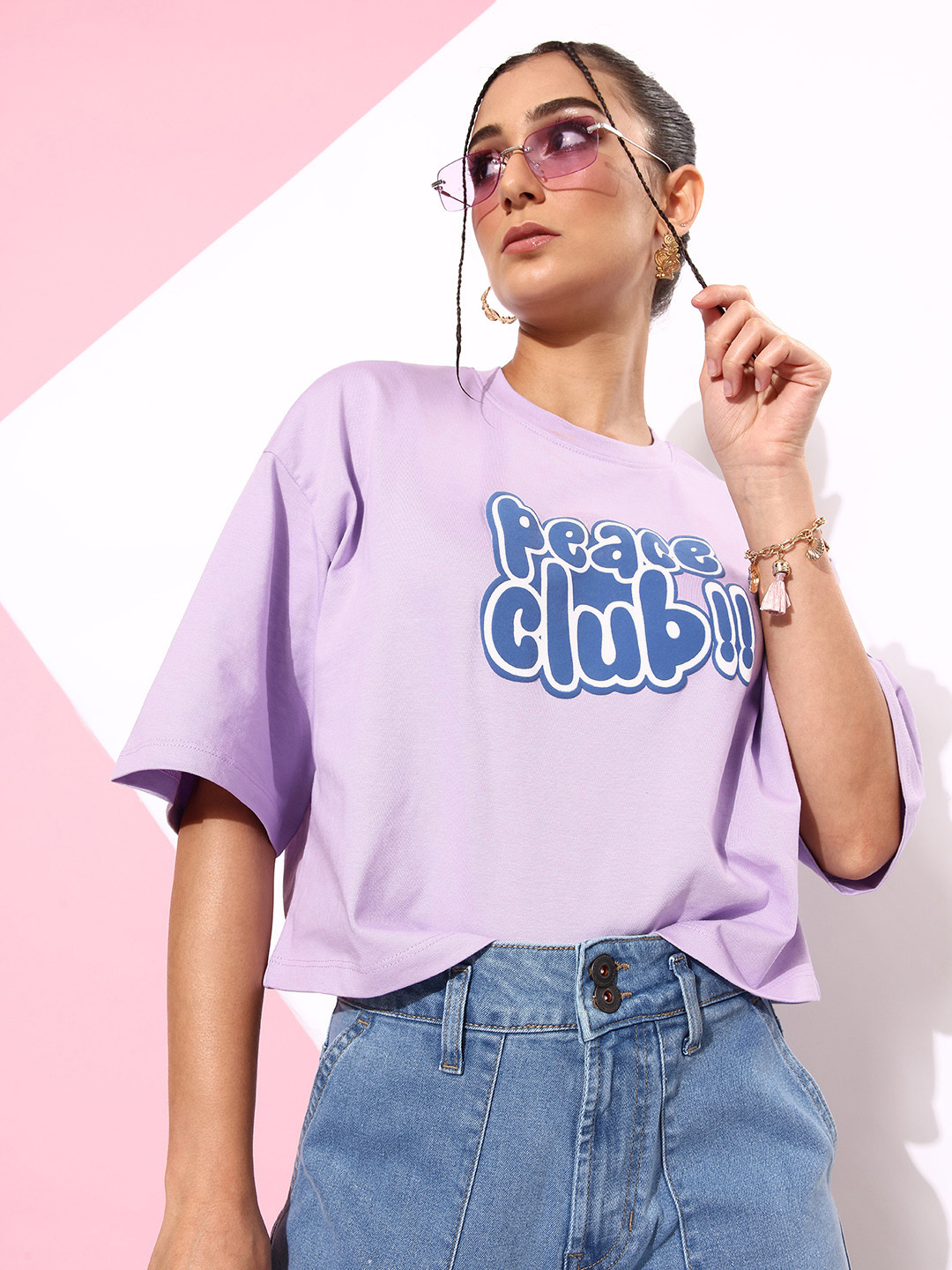 Kook N Keech Women Lite Violet Typography Pure Cotton Chill Graphic High Boxy T-shirt