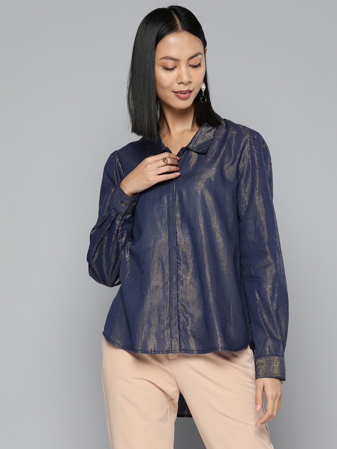 SCOUP Women Navy Blue Smart Pinstripes Casual Shirt