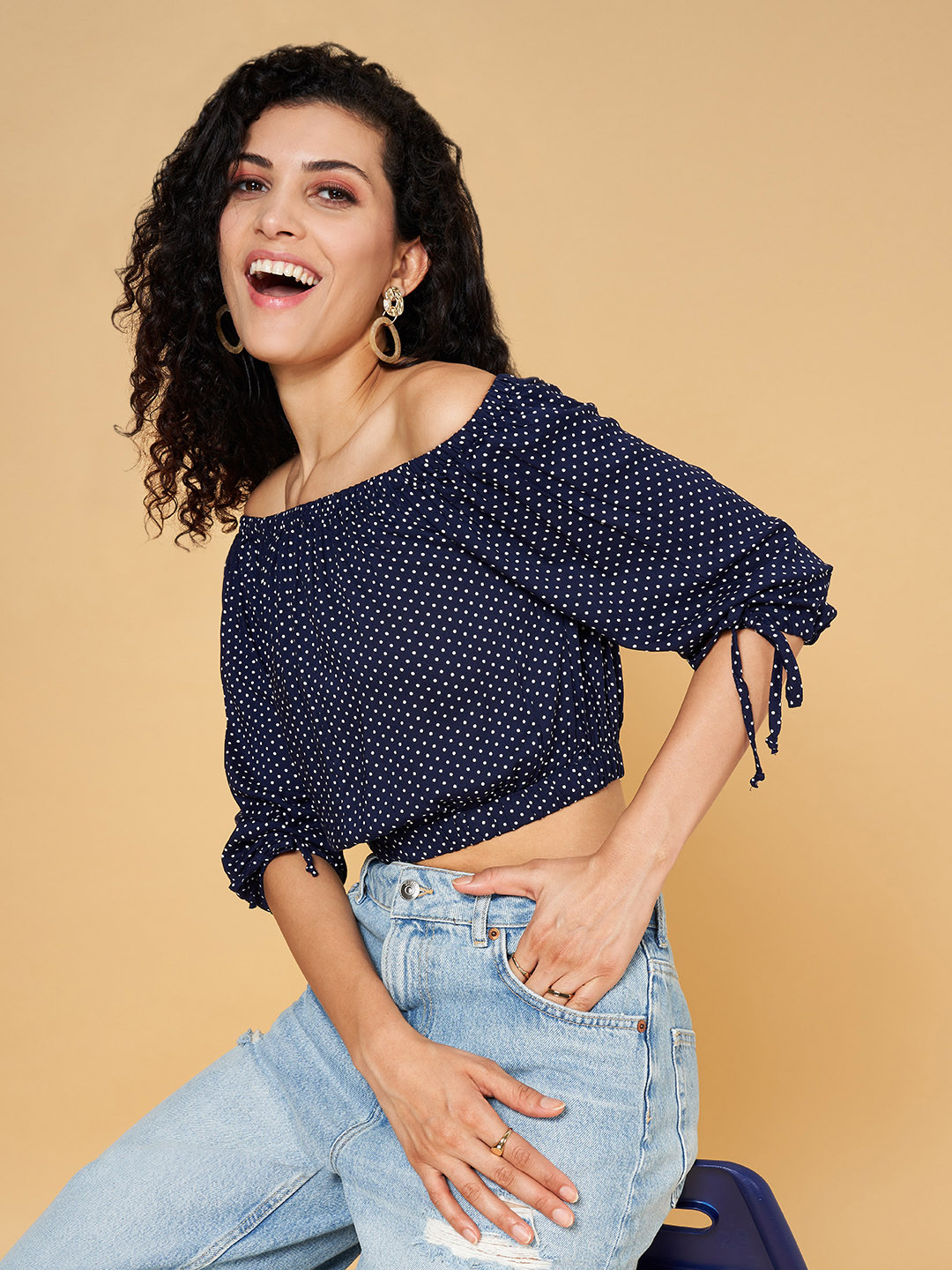 YU by Pantaloons Polka Dots Printed Off-Shoulder Crop Top