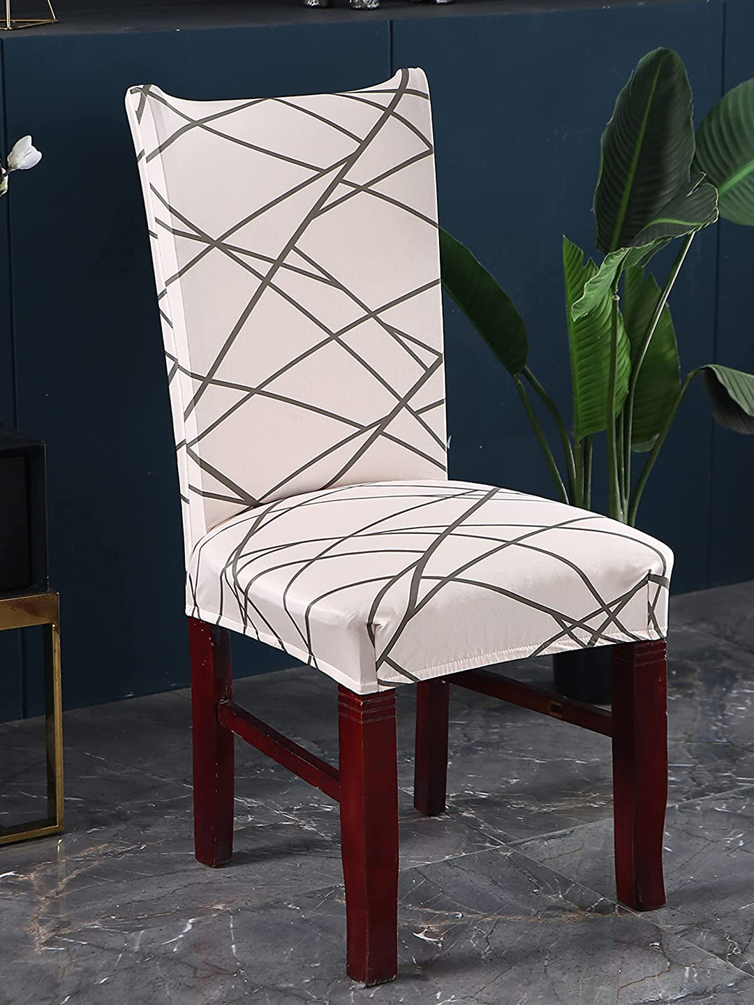 HOUSE OF QUIRK Set Of 4 Beige Printed Polyester Stretch Chair Cover