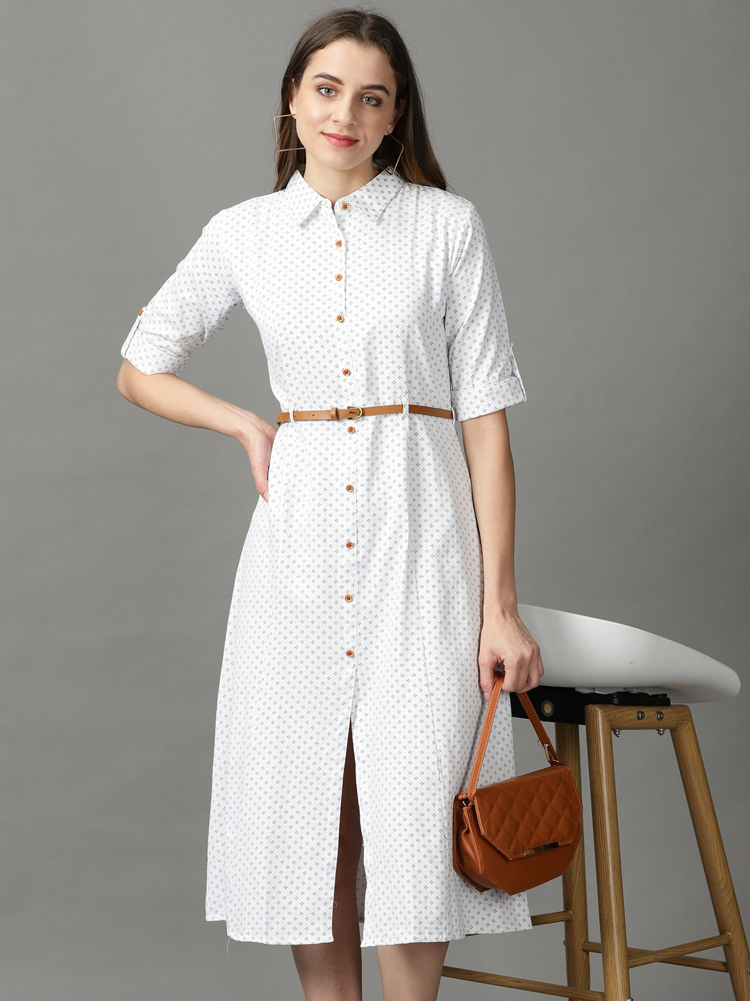 SHOWOFF Belted Roll-Up Sleeves Cotton Shirt Midi Dress
