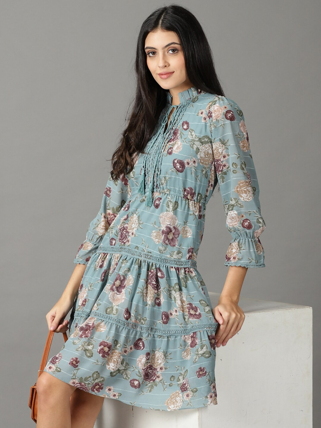 SHOWOFFFF Floral Tie-Up Neck Chiffon A-Line Dress