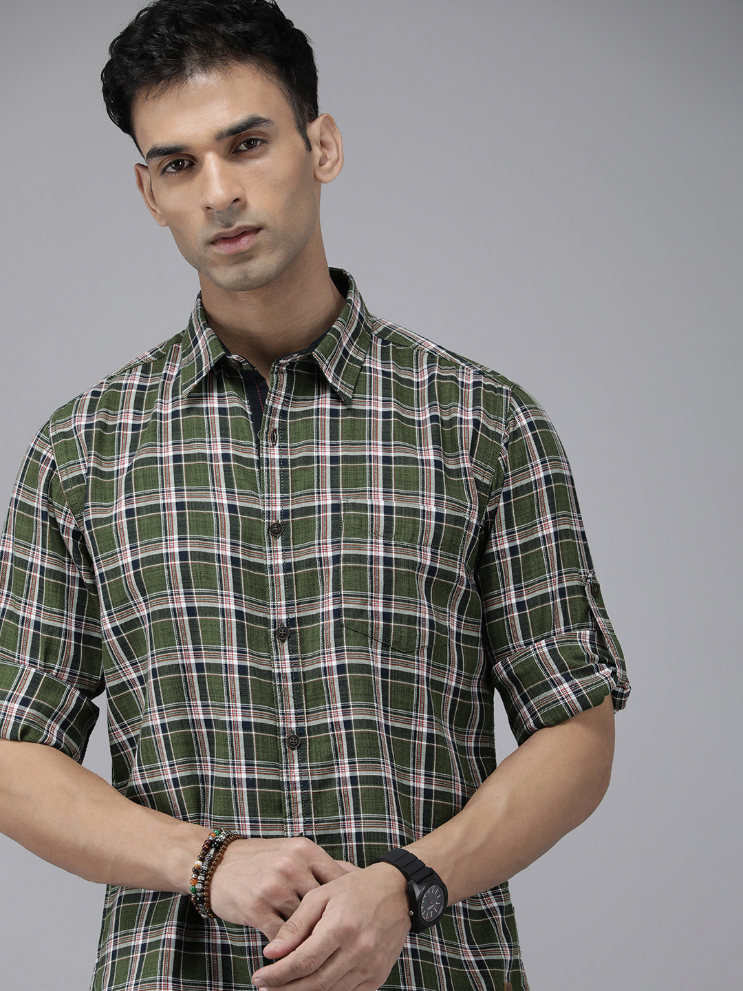 The Roadster Lifestyle Co. Men Pure Cotton Tartan Checks Roll-Up Sleeves Casual Shirt