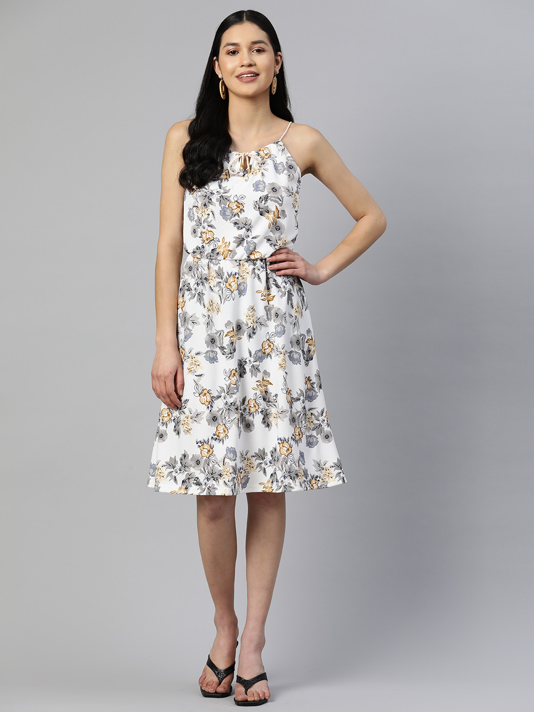 SERONA FABRICS Floral Print Tie-Up Neck A-Line Dress