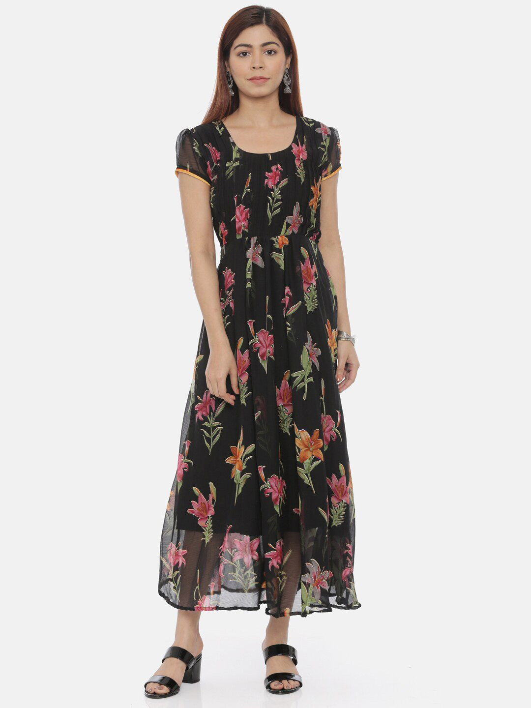 Souchii Round Neck Floral Printed Chiffon Maxi Dress