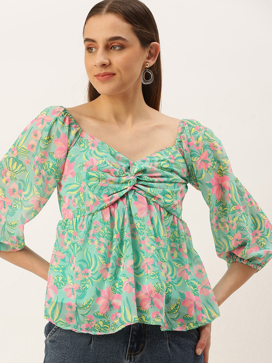 MELOSO Sea Green & Pink Floral Print Sweetheart Neck Bishop Sleeves Twisted Georgette Crop Top