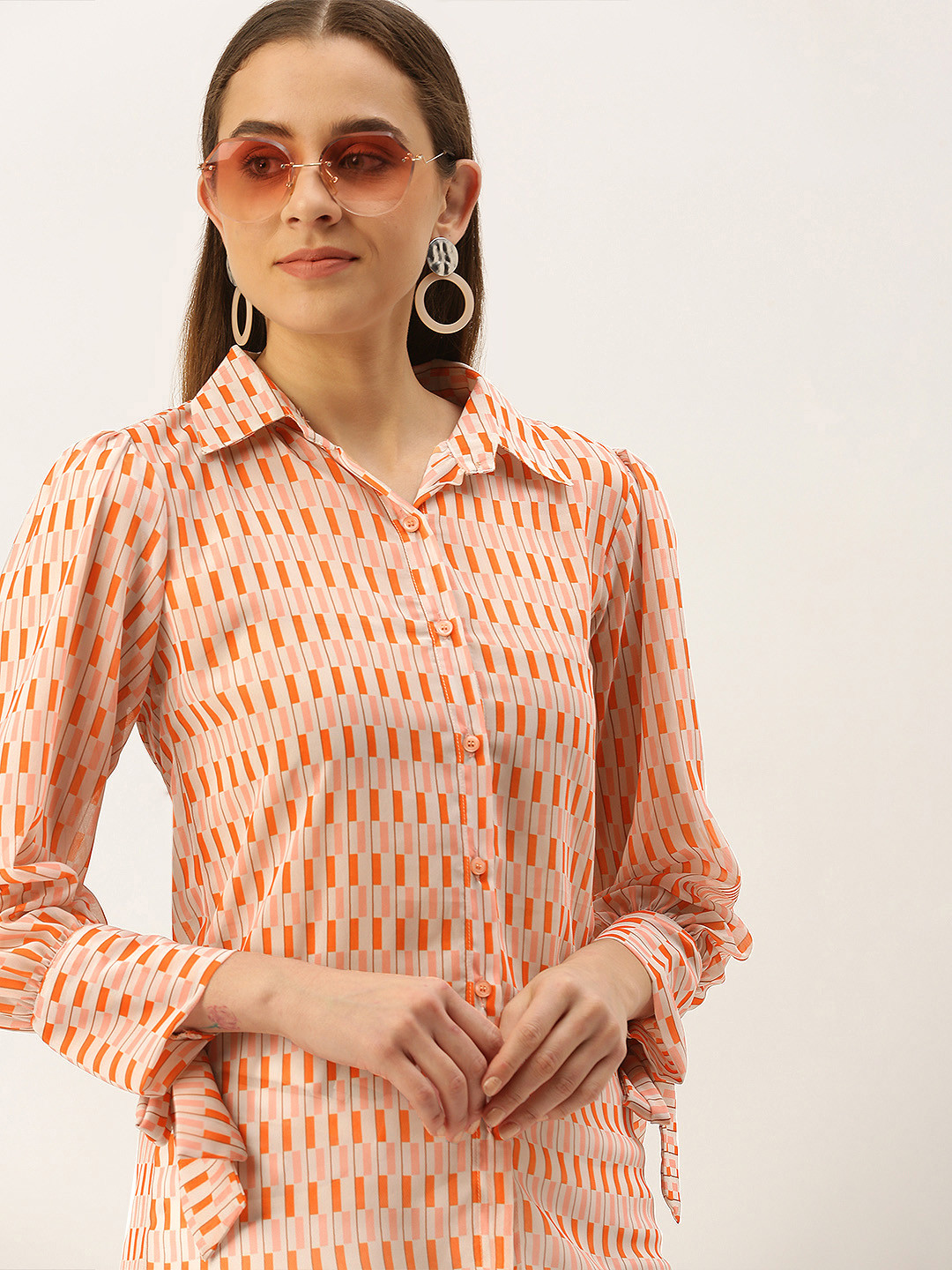 MELOSO Cream-Coloured & Pink Print Georgette Shirt Style Top