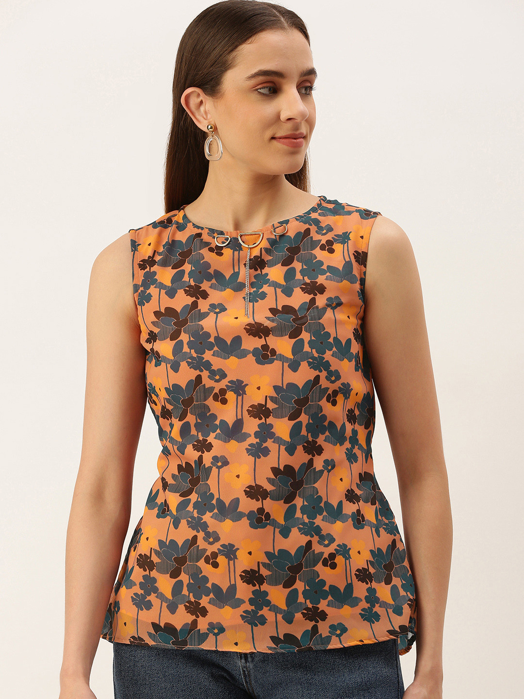 MELOSO Rust & Blue Floral Print Georgette Top