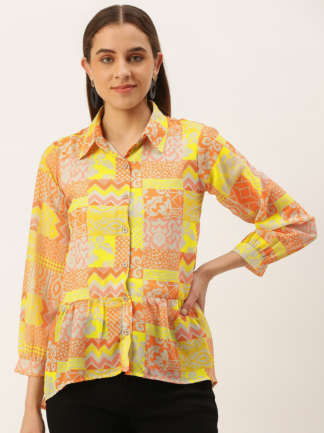 MELOSO Yellow & Orange Tribal Print Georgette Shirt Style Top